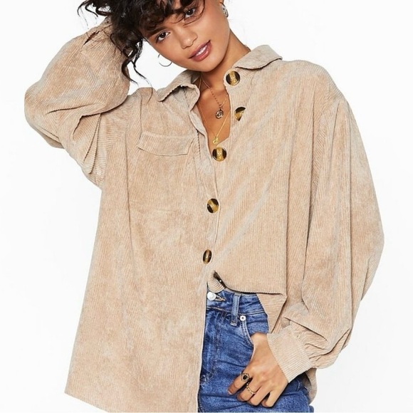 Nasty Gal Cream Corduroy Button Front Oversized Shirt Jacket Shacket Size 4 - Picture 1 of 10